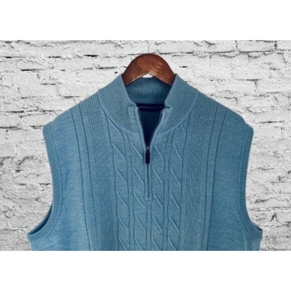 Carnoustie Blue Cable Knit Merino Wool Sleeveless Quarter-Zip Sweater Vest XL - Picture 2 of 7